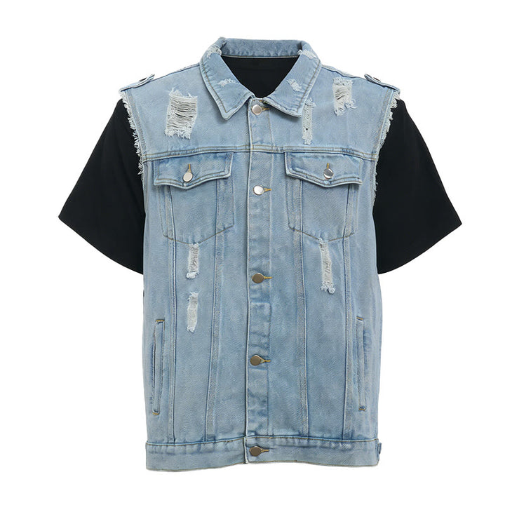 Gilet da uomo in denim strappato e senza maniche, effetto usurato - image 7