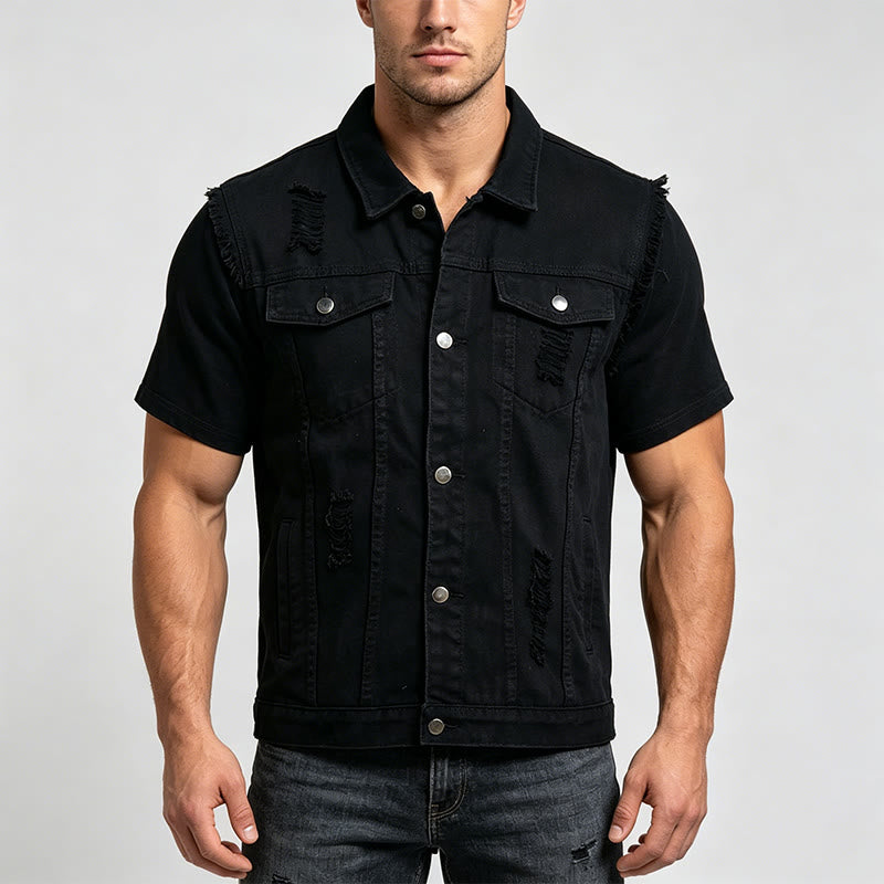 Gilet da uomo in denim strappato e senza maniche, effetto usurato - image 1