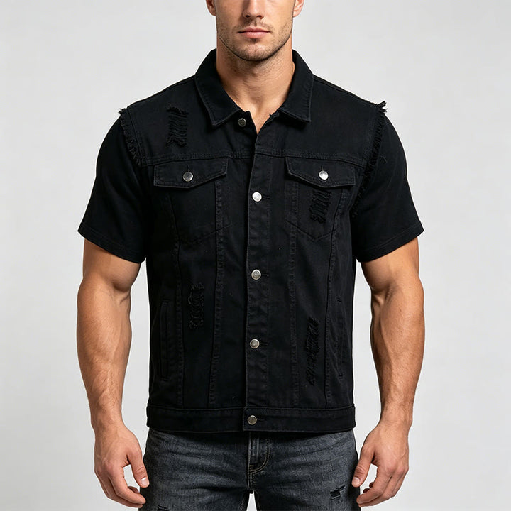 Gilet da uomo in denim strappato e senza maniche, effetto usurato - image 1