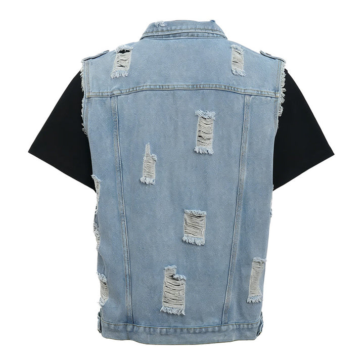 Gilet da uomo in denim strappato e senza maniche, effetto usurato - image 8