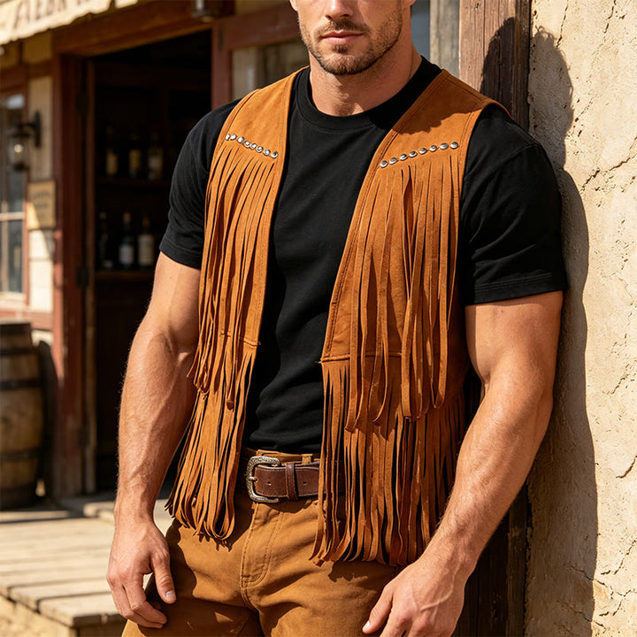 Gilet da uomo hippie in finta pelle scamosciata con frange e borchie - kaki scuro - 2XL - image 0