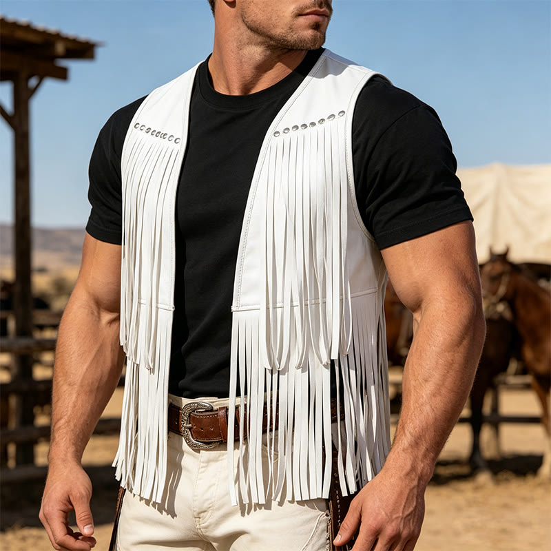 Gilet da uomo hippie in finta pelle scamosciata con frange e borchie - Bianco - 2XL - image 5