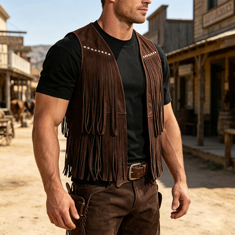 Gilet da uomo hippie in finta pelle scamosciata con frange e borchie - Marrone scuro - 2XL - image 7