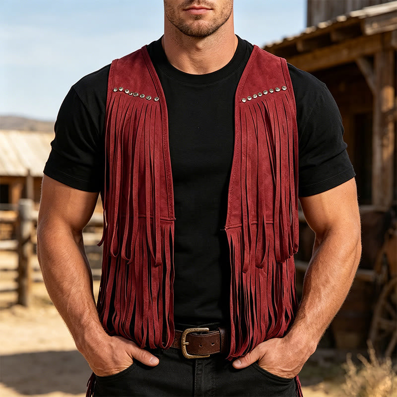 Gilet da uomo hippie in finta pelle scamosciata con frange e borchie - Rosso - 2XL - image 6