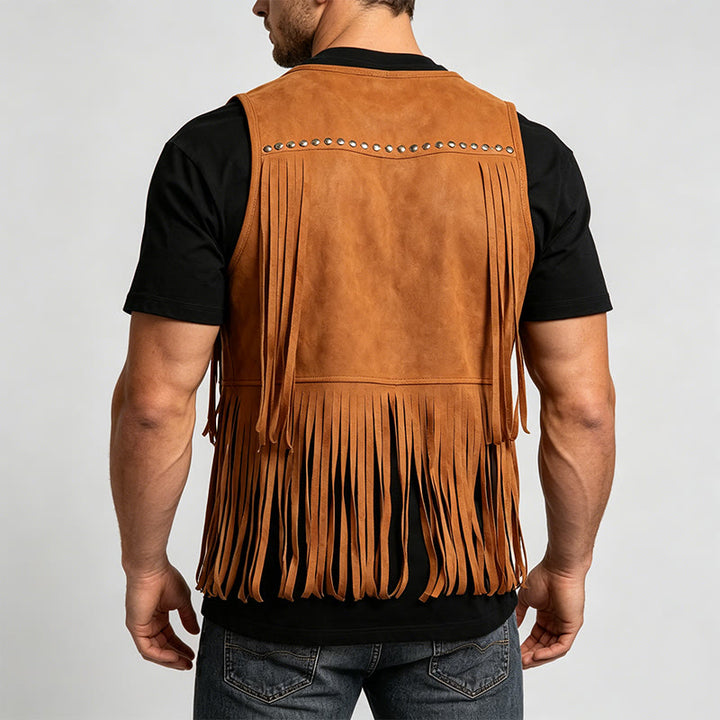 Gilet da uomo hippie in finta pelle scamosciata con frange e borchie - image 3