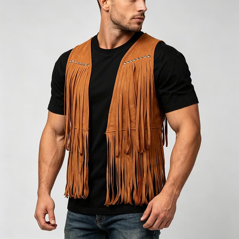 Gilet da uomo hippie in finta pelle scamosciata con frange e borchie - image 2