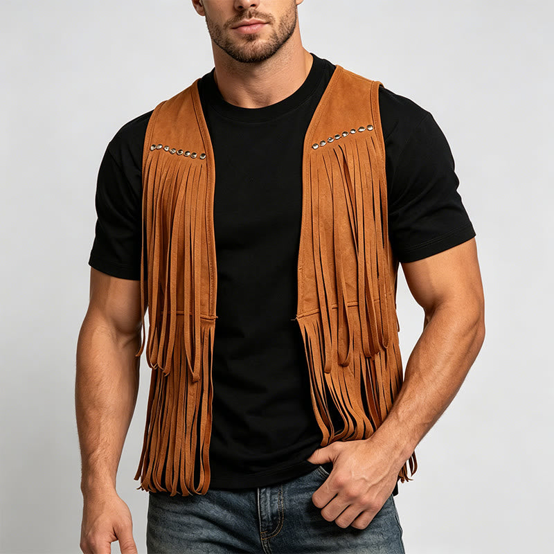 Gilet da uomo hippie in finta pelle scamosciata con frange e borchie - image 1