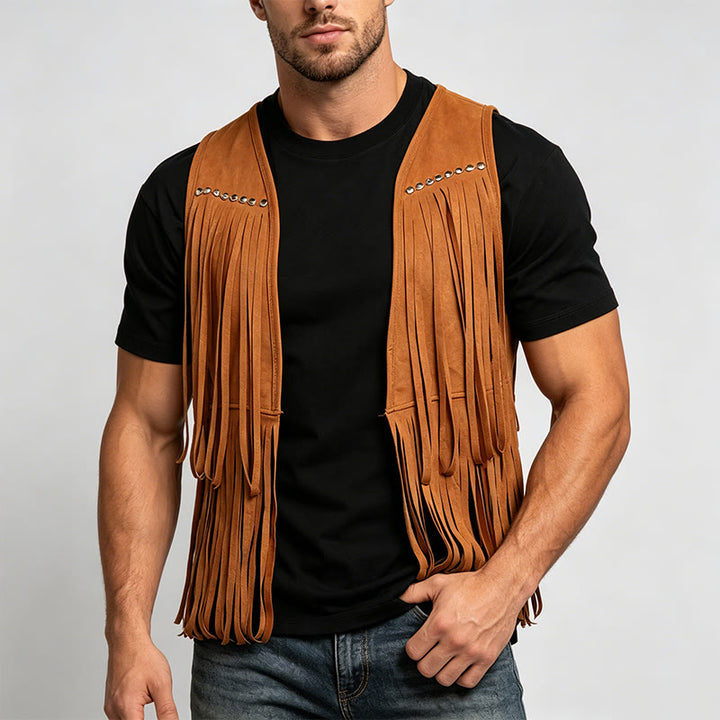 Gilet da uomo hippie in finta pelle scamosciata con frange e borchie - image 1