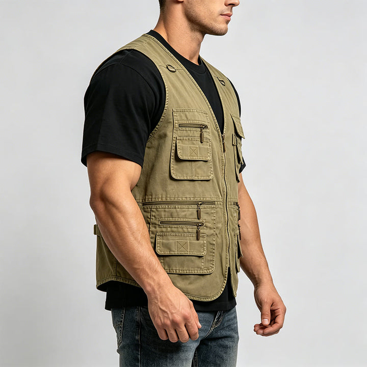 Gilet da uomo in tela lavata per attività all'aperto con molteplici tasche con cerniera. - image 2