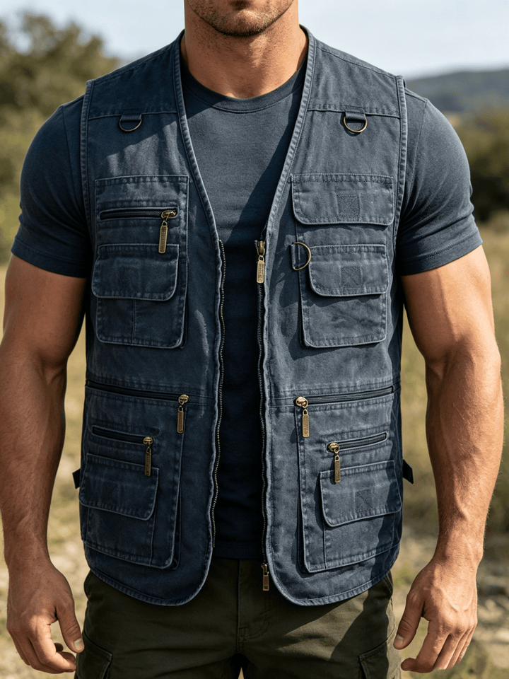 Gilet da uomo in tela lavata per attività all'aperto con molteplici tasche con cerniera. - Blu scuro - 7XL - image 6