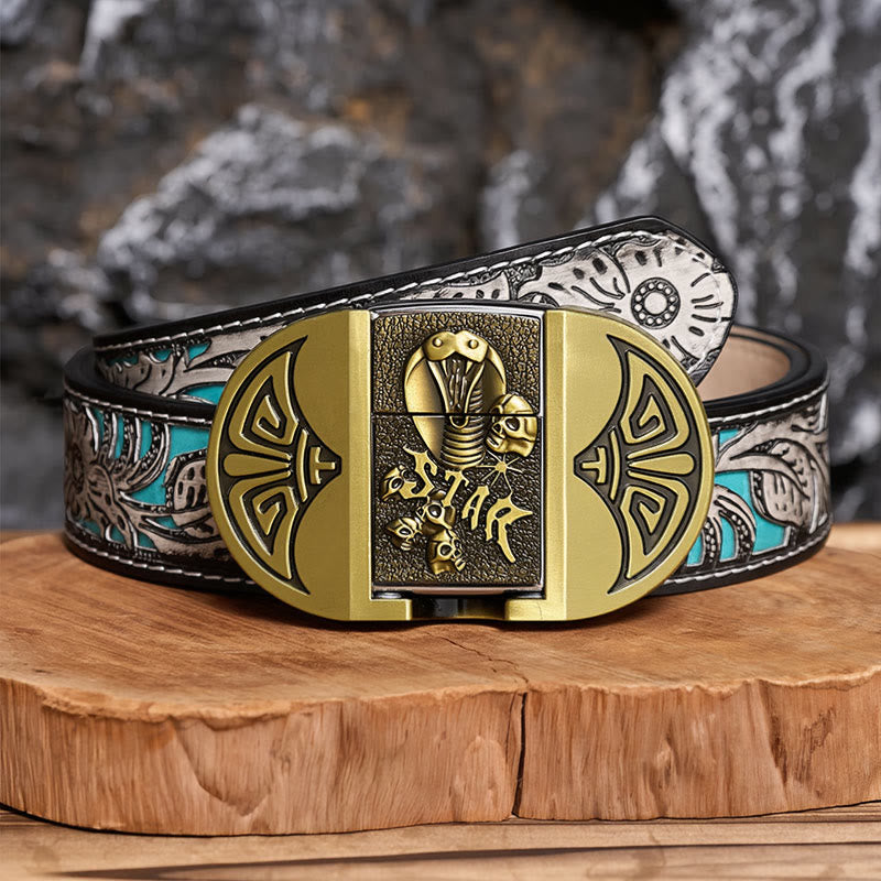 Cintura da uomo in pelle gotica fai-da-te con teschio di cobra e accendino nascosto. - Bronzo - Cintura grigia a fiori - 42 - image 7
