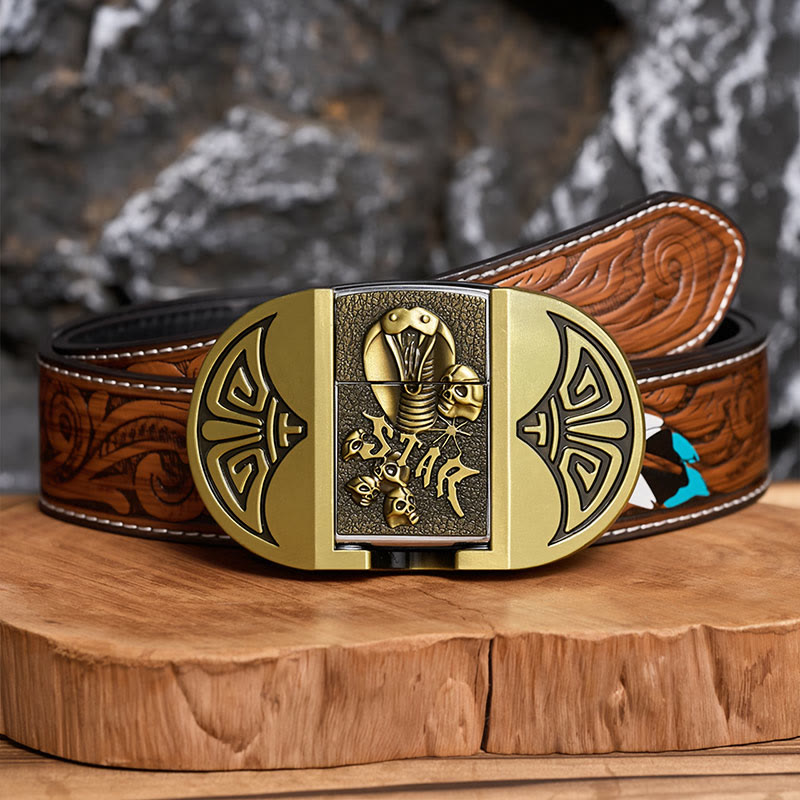 Cintura da uomo in pelle gotica fai-da-te con teschio di cobra e accendino nascosto. - Bronzo - Cintura di piume marroni - 40 - image 6