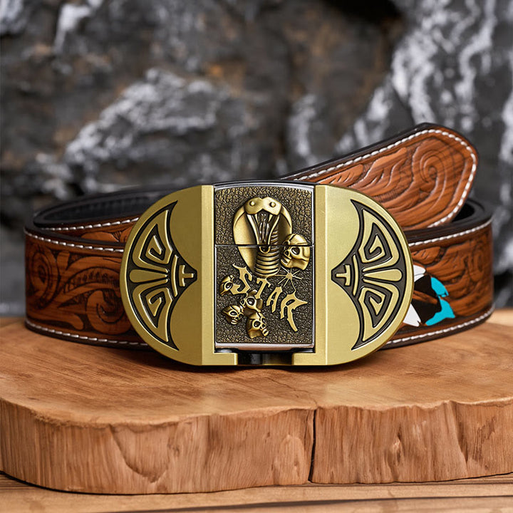 Cintura da uomo in pelle gotica fai-da-te con teschio di cobra e accendino nascosto. - Bronzo - Cintura di piume marroni - 40 - image 6