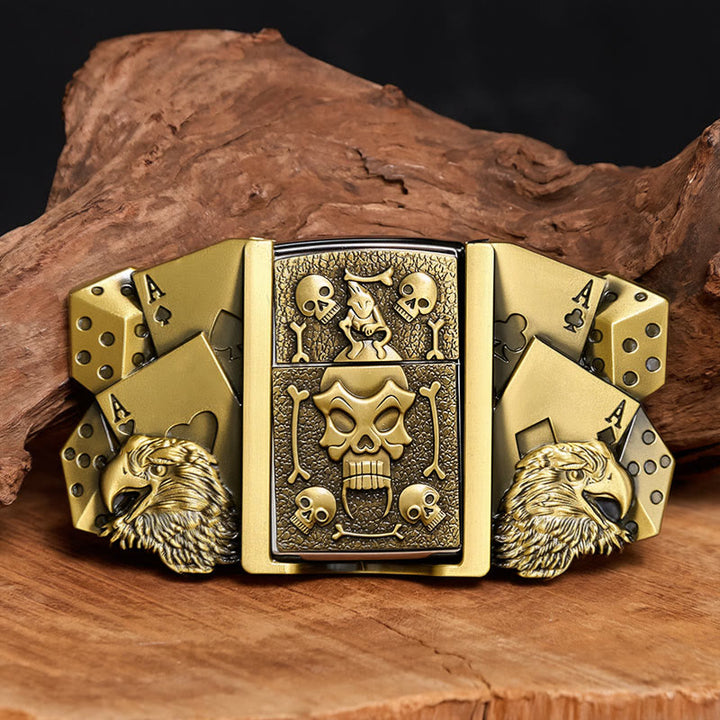 Cintura da uomo in pelle con teschio, aquila e dadi, fai da te, con accendino nascosto. - Bronzo - Senza cintura - Cintura non inclusa - image 0