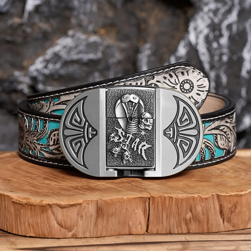 Cintura da uomo in pelle gotica fai-da-te con teschio di cobra e accendino nascosto. - Argento - Cintura grigia a fiori - 42 - image 15