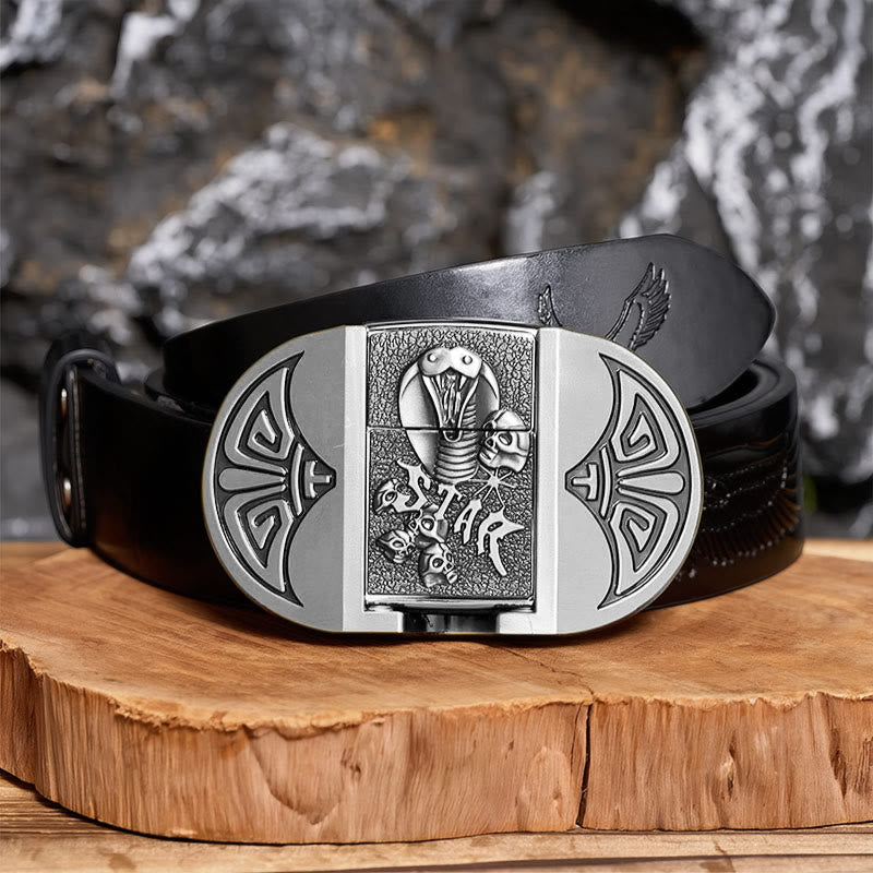 Cintura da uomo in pelle gotica fai-da-te con teschio di cobra e accendino nascosto. - Argento - Cintura nera con aquila in rilievo - 42 - image 10