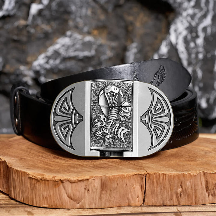 Cintura da uomo in pelle gotica fai-da-te con teschio di cobra e accendino nascosto. - Argento - Cintura nera con aquila in rilievo - 42 - image 10