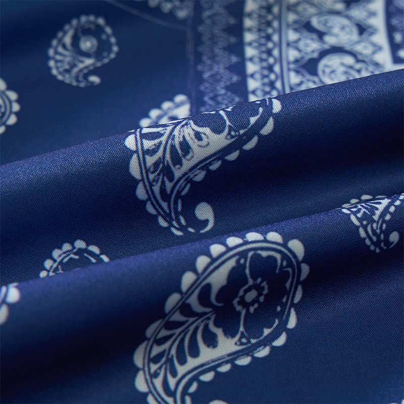 Camicia da uomo classica a maniche corte con stampa paisley patchwork blu navy - image 6