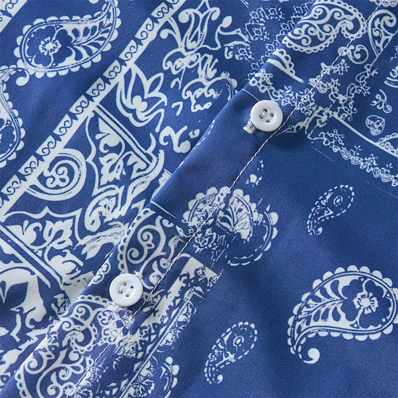 Camicia da uomo classica a maniche corte con stampa paisley patchwork blu navy - image 5