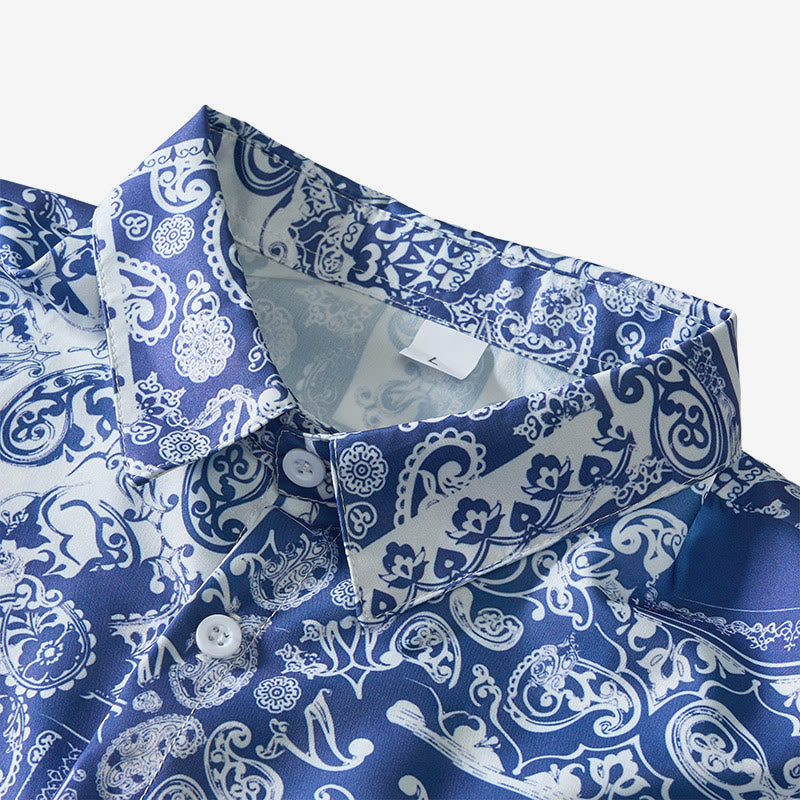 Camicia da uomo classica a maniche corte con stampa paisley patchwork blu navy - image 4