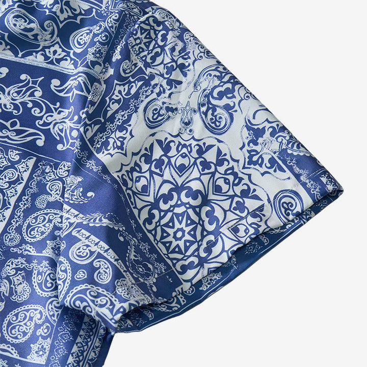 Camicia da uomo classica a maniche corte con stampa paisley patchwork blu navy - image 8