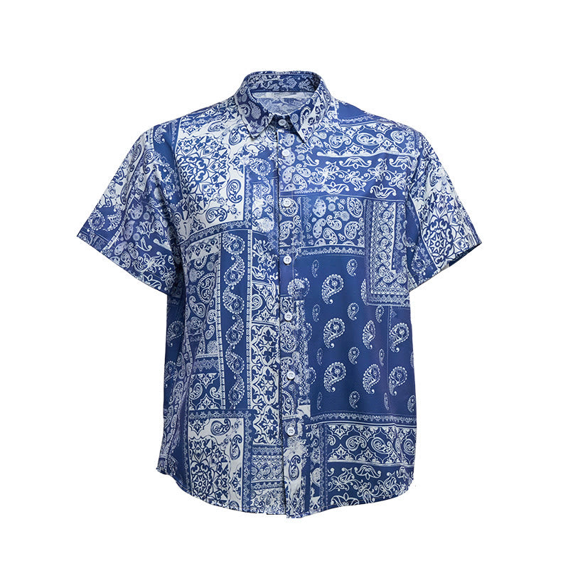 Camicia da uomo classica a maniche corte con stampa paisley patchwork blu navy - image 9