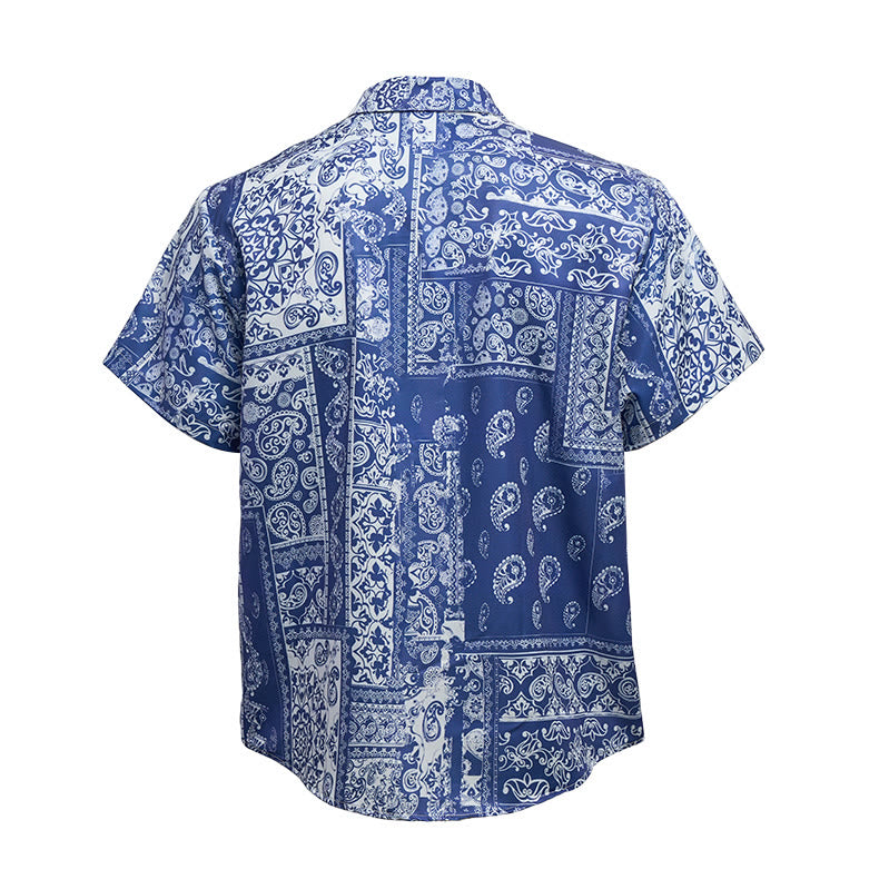 Camicia da uomo classica a maniche corte con stampa paisley patchwork blu navy - image 10