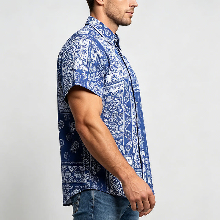 Camicia da uomo classica a maniche corte con stampa paisley patchwork blu navy - image 2
