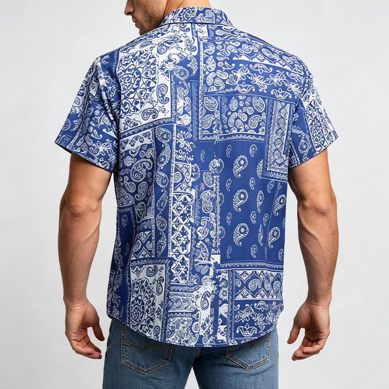Camicia da uomo classica a maniche corte con stampa paisley patchwork blu navy - image 3