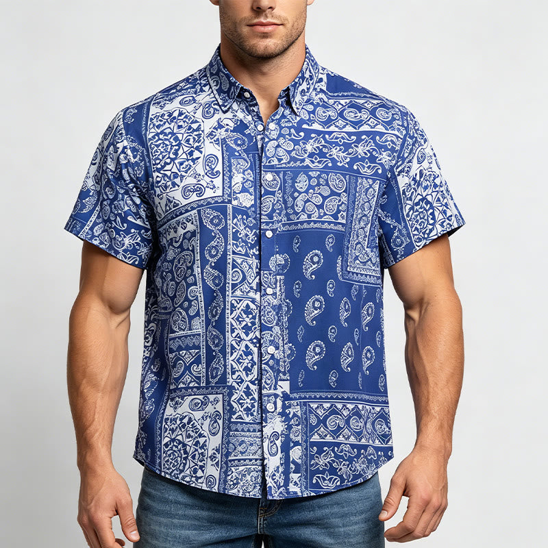 Camicia da uomo classica a maniche corte con stampa paisley patchwork blu navy - image 1