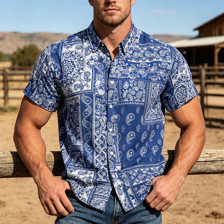 Camicia da uomo classica a maniche corte con stampa paisley patchwork blu navy - Marina - 5XL - image 0