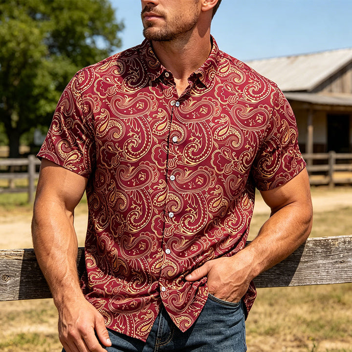 Camicia elegante da uomo di lusso con motivo paisley vintage lucido - Borgogna - 3XL - image 0