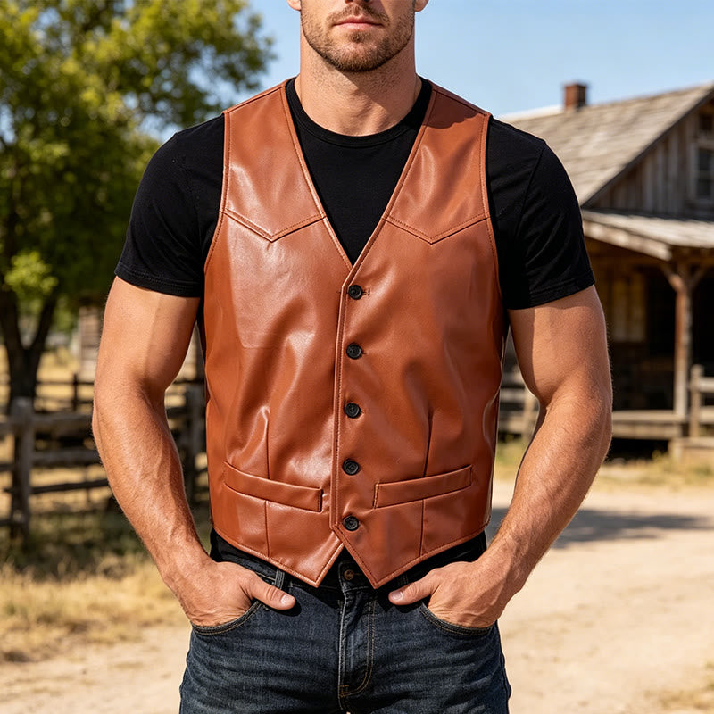 Gilet da uomo in pelle dallo stile western intramontabile. - Marrone - 5XL - image 4