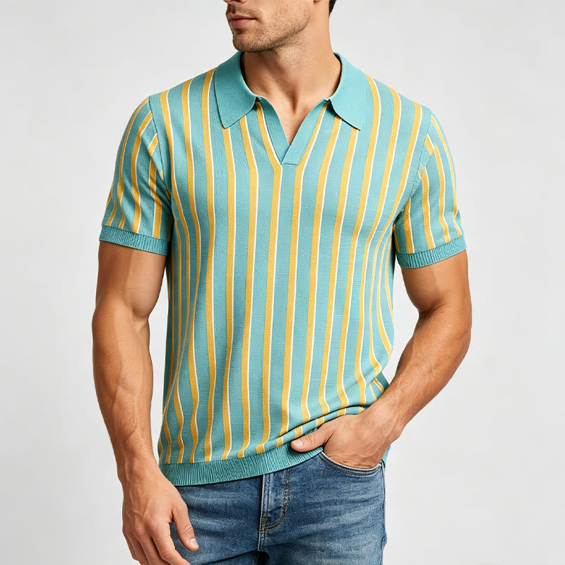 Polo da uomo a righe verticali color verde acqua e oro. - image 1