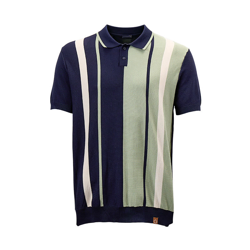 Polo da uomo in maglia a righe color-block blu navy e salvia in stile retrò - image 9