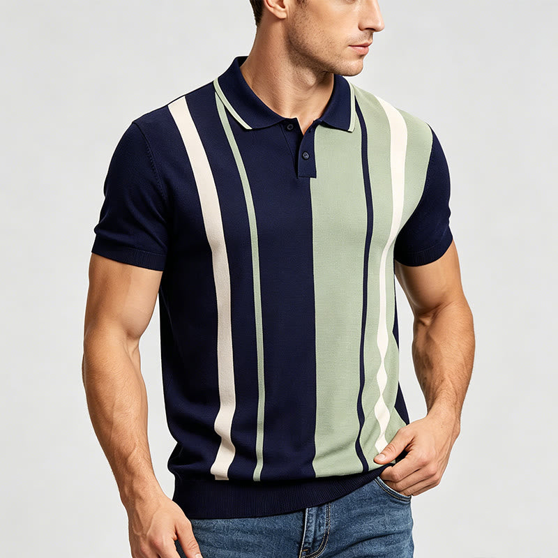 Polo da uomo in maglia a righe color-block blu navy e salvia in stile retrò - image 2
