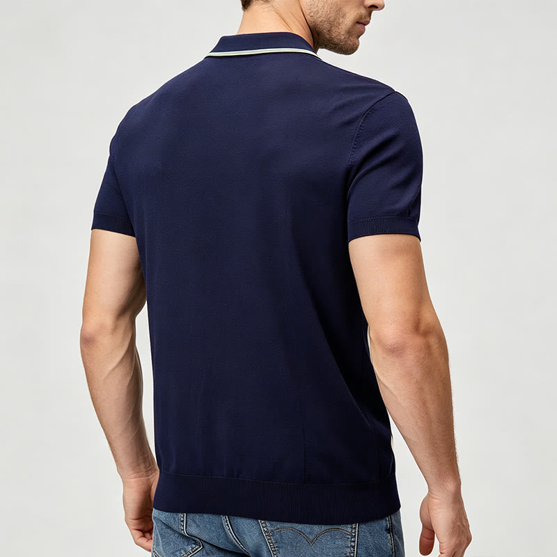 Polo da uomo in maglia a righe color-block blu navy e salvia in stile retrò - image 3