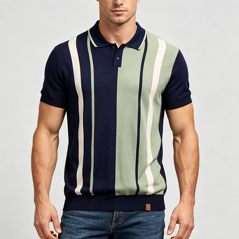 Polo da uomo in maglia a righe color-block blu navy e salvia in stile retrò - image 1