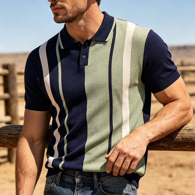 Polo da uomo in maglia a righe color-block blu navy e salvia in stile retrò - Blu navy e salvia - 2XL - image 0