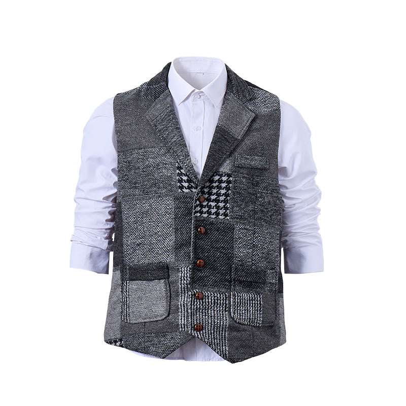 Gilet da uomo grigio con motivo patchwork a spina di pesce e pied de poule - image 8