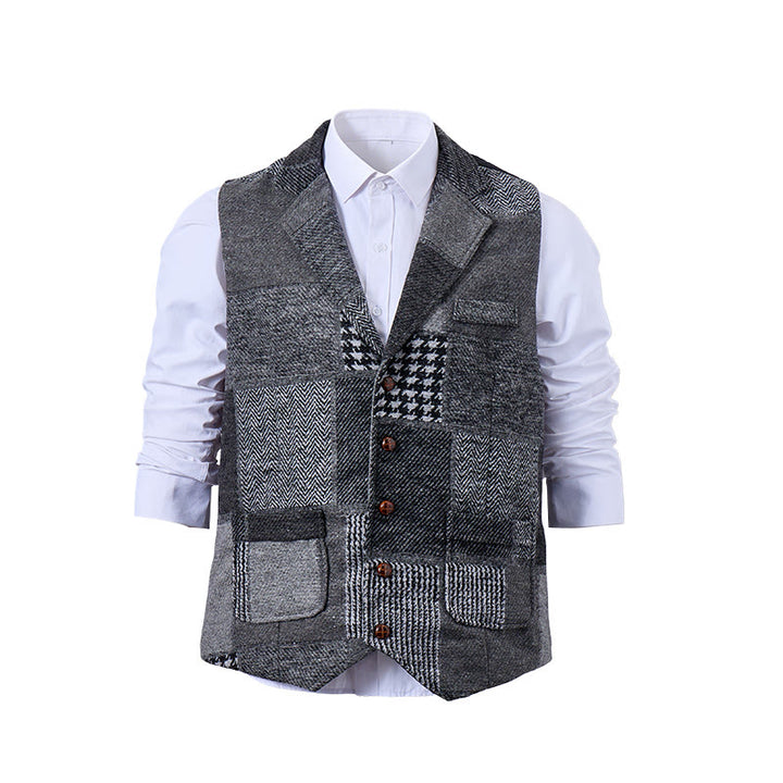 Gilet da uomo grigio con motivo patchwork a spina di pesce e pied de poule - image 8