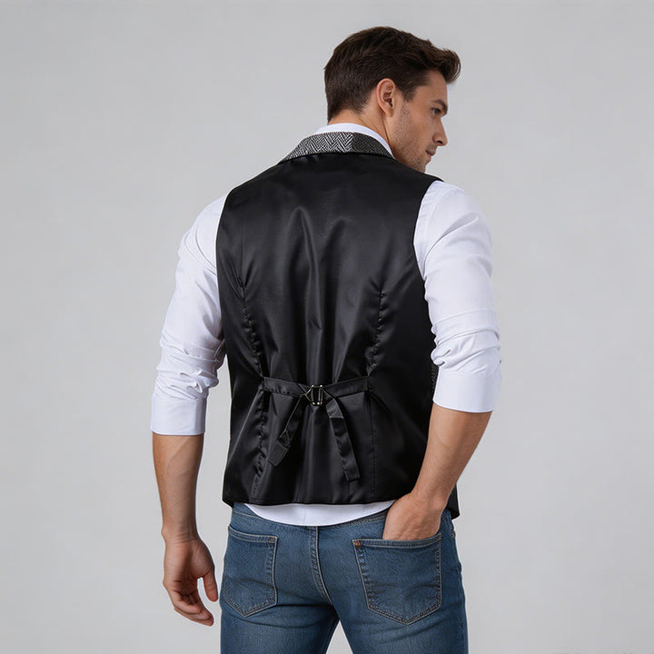 Gilet da uomo grigio con motivo patchwork a spina di pesce e pied de poule - image 2