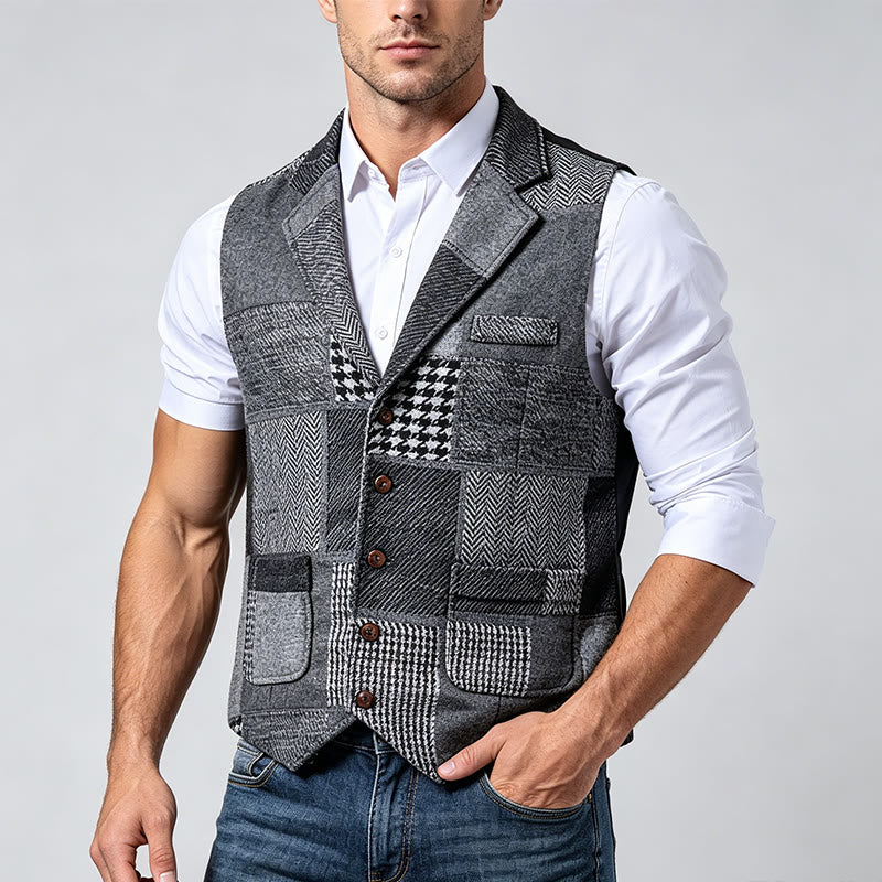 Gilet da uomo grigio con motivo patchwork a spina di pesce e pied de poule - image 1