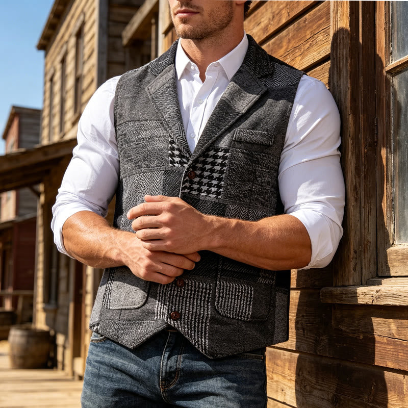 Gilet da uomo grigio con motivo patchwork a spina di pesce e pied de poule - Grigio - 2XL - image 1