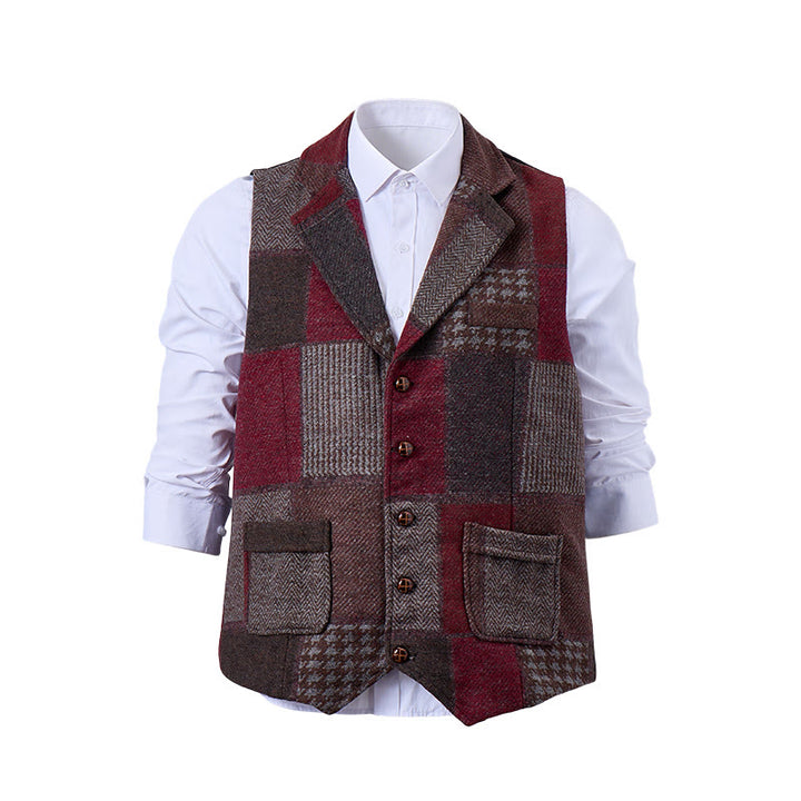Gilet da uomo in tinta calda con motivo patchwork a spina di pesce. - image 11