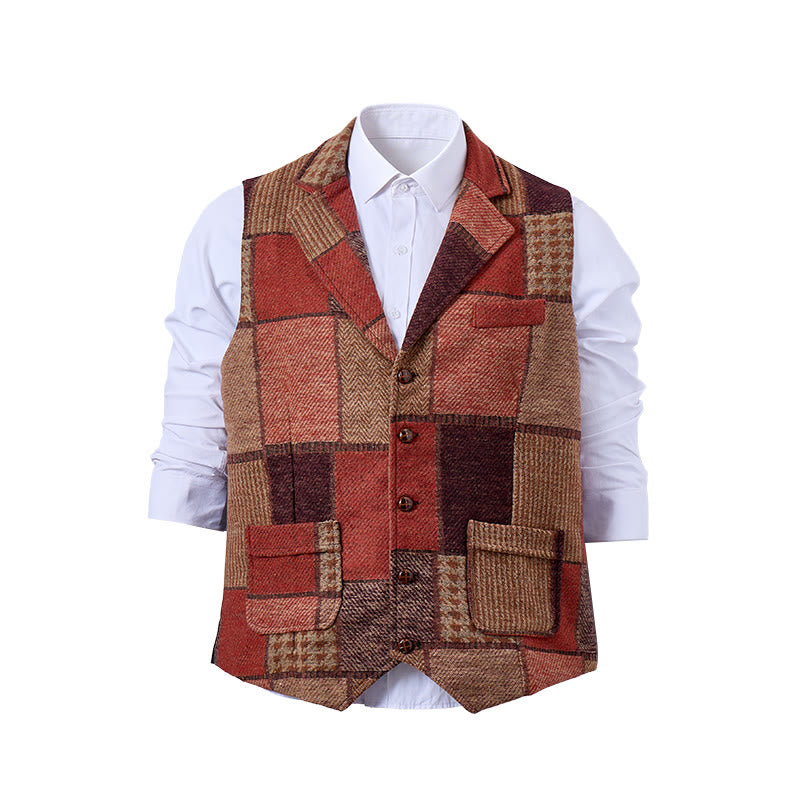 Gilet da uomo in tinta calda con motivo patchwork a spina di pesce. - image 0