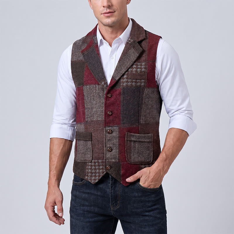 Gilet da uomo in tinta calda con motivo patchwork a spina di pesce. - image 13