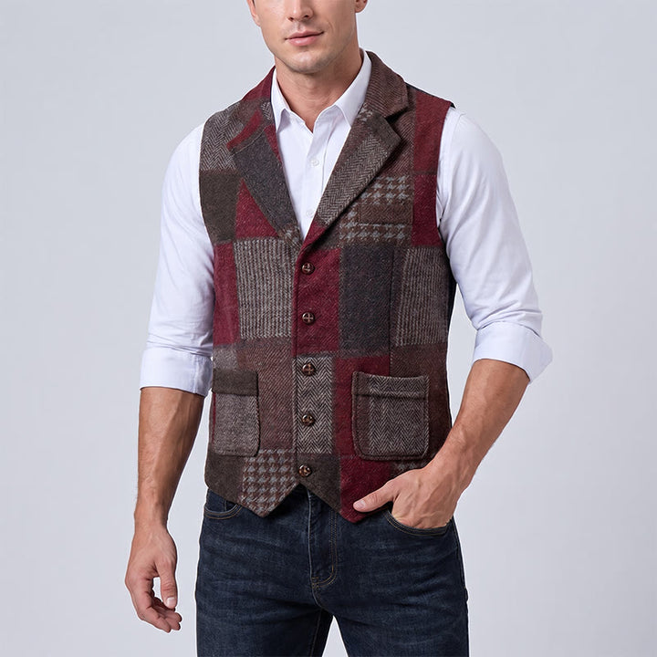 Gilet da uomo in tinta calda con motivo patchwork a spina di pesce. - image 13