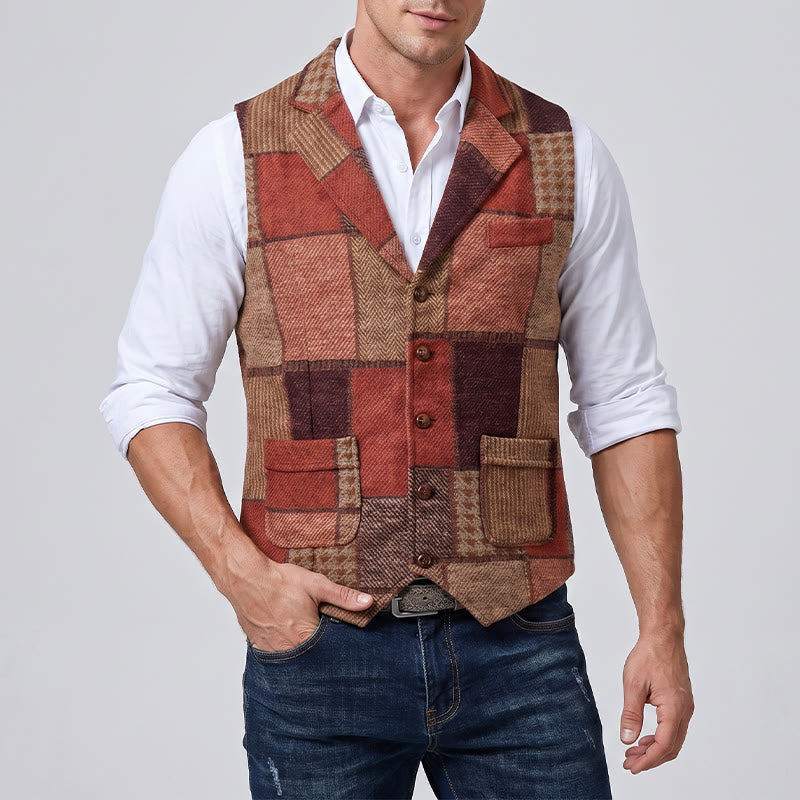 Gilet da uomo in tinta calda con motivo patchwork a spina di pesce. - image 2