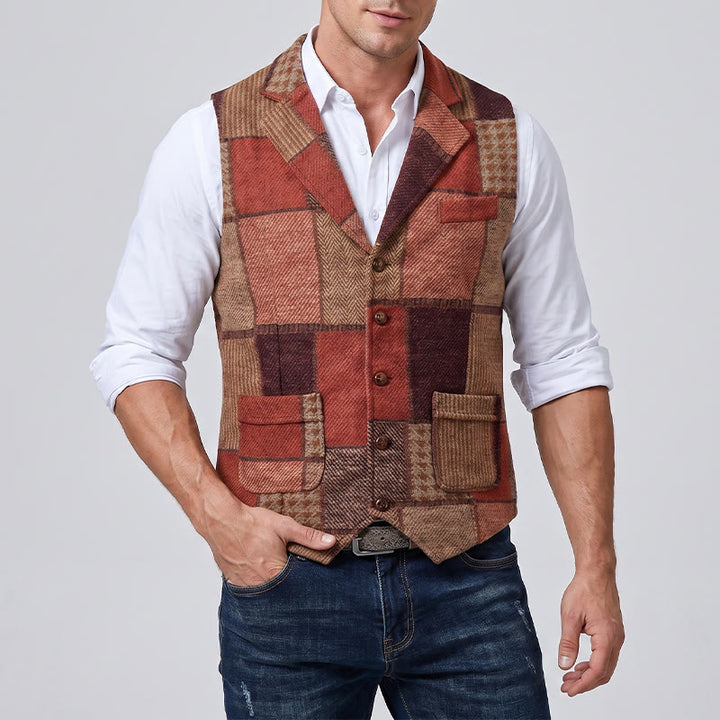 Gilet da uomo in tinta calda con motivo patchwork a spina di pesce. - image 2